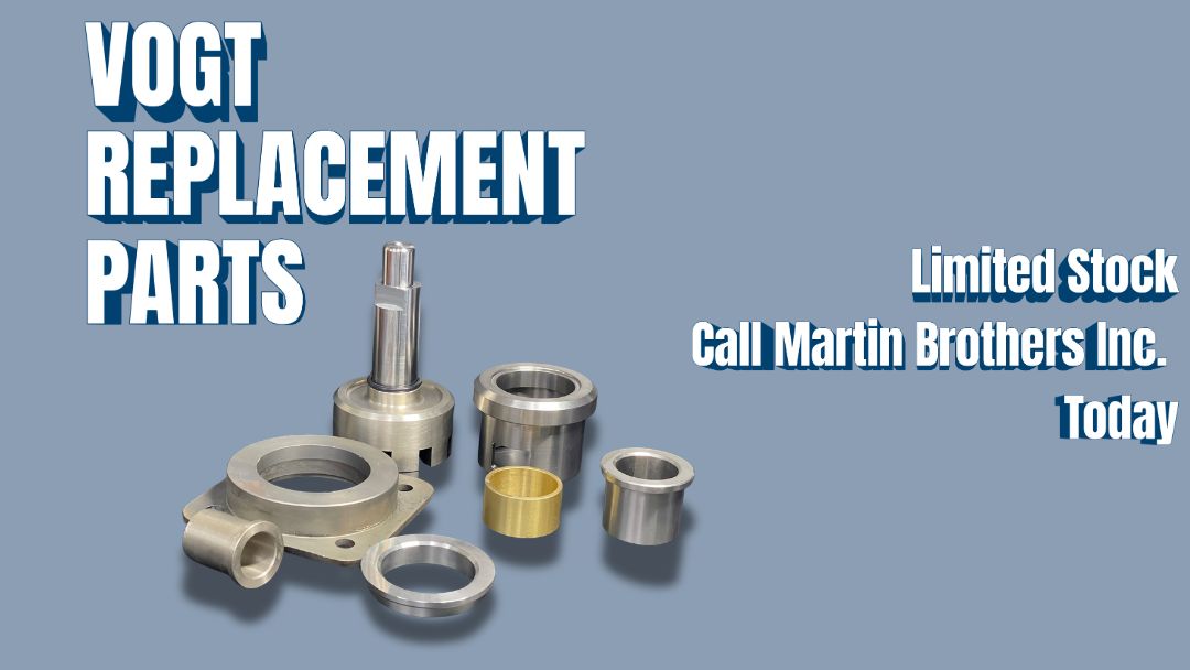 Advertisement showing Vogt replacement parts: assorted metal bearings and bushings on a blue background.
